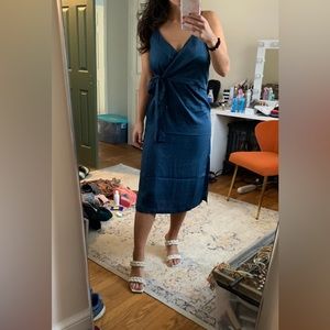 Lulu’s Fall in Love Teal Blue Satin Midi Wrap Dress